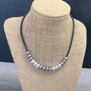 Baer SF Black Cord Necklace Silver Tone Distressed Beads 16 Inch Adjustable